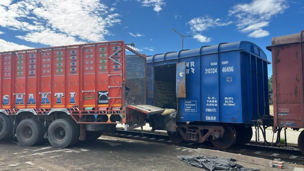 The inaugural cement rake being unloaded at  at Molvom Railway Station on September 24. (Photo Courtesy: NFR)